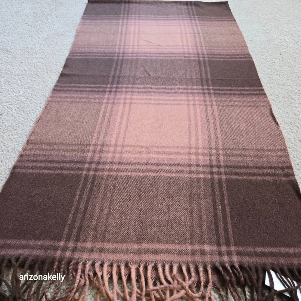 NWT Cashmere Wool Plaid Scarf Fringe Pink Brown